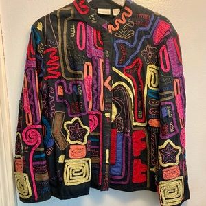 Chico's Embroidered Retro Button Snap Lite Coat Artistic Jacket Womens Size 2